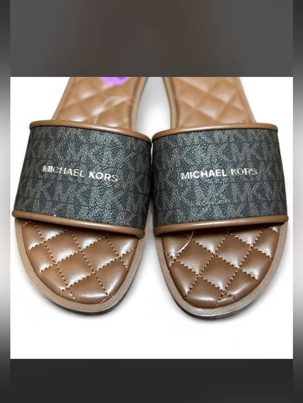 New Michael Kors Brown Quilted Footbed Slide Sandals 6.5.